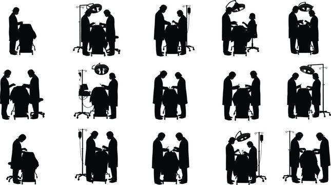 Silhouette doctors, surgeons, nurses, operating room, surgery table, medical operation, healthcare professionals, hospital teamwork, patient care, surgical instruments, treatment scene