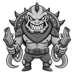 Grayscale Cartoon Cephalopod Warrior with Menacing Grin and Tactical Gear