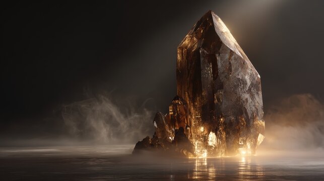 Majestic glowing crystal formation in mist, mystical mineral for jewelry branding, fantasy backdrop, spiritual healing theme, geology education content

