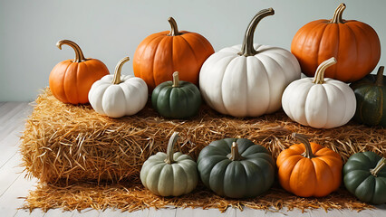 Colorful Pumpkins on Hay Bale – White, Orange and Sage Green Gourds Rustic Farmhouse Fall Decoration