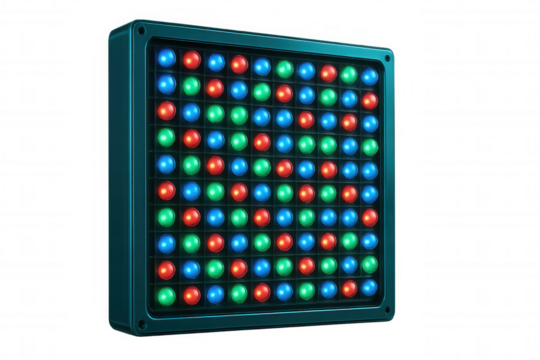 Glowing rgb led panel, transparent background highlighting electronic illumination technology