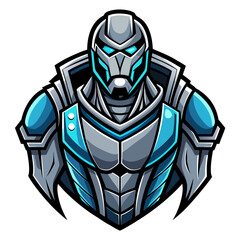 Cyber Soldier Mascot in Gray and Cyan with High Contrast Dark Badge