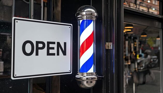 Barbershop entrance with spinning pole in red, white and blue with lightbulb, next to open sign welcomes customers for haircuts. Concept for men&rsquo;s grooming, hairstyling and self-care services
