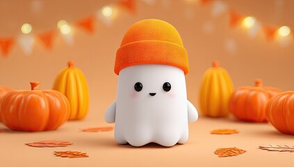 Cute Ghost with Beanie in Halloween Pumpkin Patch.