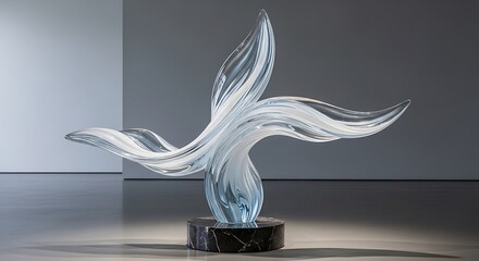 Elegant abstract glass sculpture with swirling light blue forms
