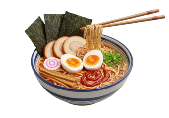 Delicious Ramen Bowl with Toppings Illustration perfect for food blogs restaurant menus and Asian cuisine enthusiasts showcasing traditional flavors and textures a vibrant food photography experience