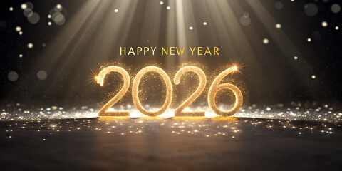 Happy New Year 2026 with Golden Glitter Path. Shiny Gold Sparkles Trail Celebrating New Year 2026
