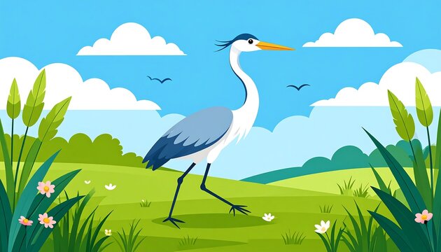 Heron in a grassy meadow