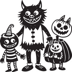 A spooky Halloween cartoon collection of funny black and white cat icons