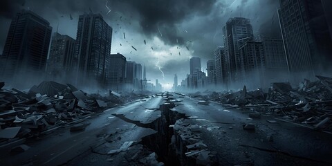 dark vibe earthquake destroy the tall building and road