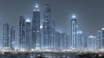 Dubai Skyline at Night Illuminated Skyscrapers Against Dark Sky.