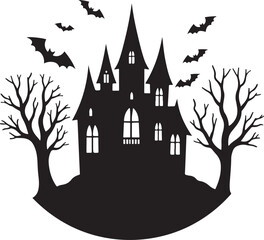 A spooky haunted castle silhouette looms against a full moon with bats flying in the dark October sky