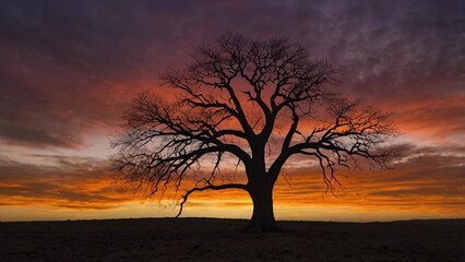 Lone Tree Silhouette Against Dramatic Autumn Sunset Sky with Vibrant Clouds over Open Landscape