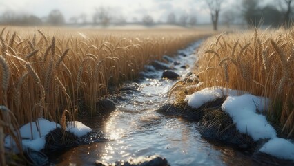 Golden wheat field with stream and patches of melting snow
