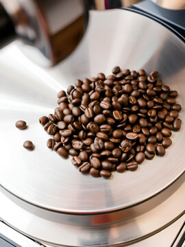 The coffee beans on the turntable. The coffee beans spin rotate.