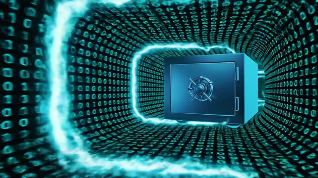 Digital Data Security Safe in Binary Code Tunnel with Glowing Energy Field
