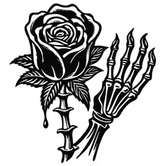 Hand-drawn floral rose vector illustration for a vintage summer tattoo design with decorative leaves