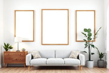 Modern living room with a white sofa and three empty wooden framed picture frames on the wall