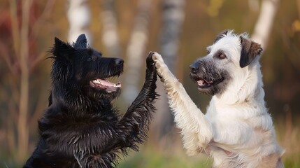 Dog high five themed images suitable for multiple scenarios, which can meet the needs of pet social sharing, pet product promotion matching, cute pet content creation, children's picture book illustra