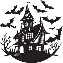 Vector drawing of a spooky medieval castle at night with bats flying around a whimsical Halloween house