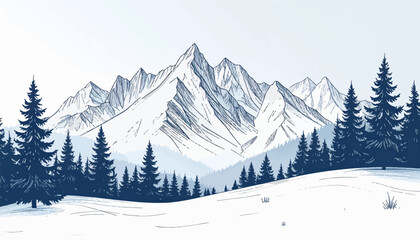 Obraz premium Stunning mountain landscape in winter. Pine trees and snow-covered mountains. Snowy mountains with evergreen trees. Majestic snow-covered mountains. Snow-covered peaks and alpine forest