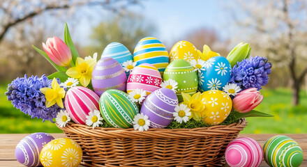 Colorful Easter Eggs in Basket with Spring Flowers