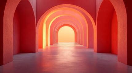 Fototapeta premium Monochromatic Minimalist image of an archway corridor in warm pink and orange tones leading to a glowing light, suitable for luxury brand websites, design blogs, or emotional wellness content.