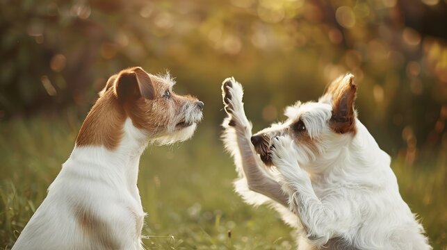 Dog high five themed images suitable for multiple scenarios, which can meet the needs of pet social sharing, pet product promotion matching, cute pet content creation, children's picture book illustra