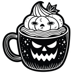 Tasty and sweet cartoon drawing of a cup of coffee and tea with a delicious chocolate cake dessert illustration