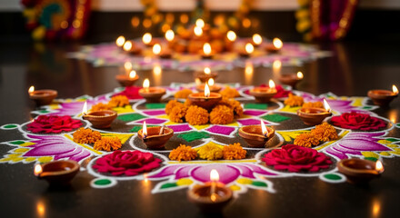 Glowing Diwali Oil Lamps with Rangoli Design