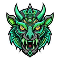 Tribal Mask Dragon Face with Neon Green Accents and Ornamental Horns