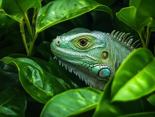 Obraz premium An iguana camouflaged among lush green leaves, blending seamlessly with nature