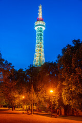 Obraz premium Sunset view of Petrin tower in Prague, Czech republic