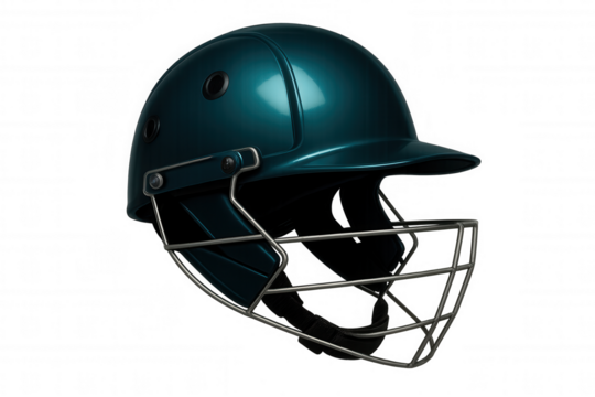 Protective cricket helmet displaying safety features, positioned against transparent backdrop for seamless graphic design integration