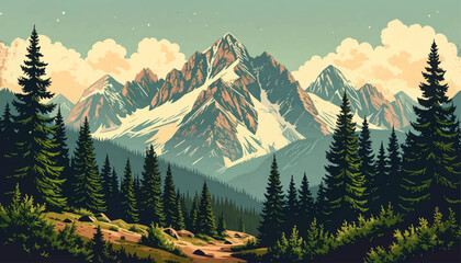 Sunrise over snowy mountain peaks. Remote mountain escape artwork. Tranquil wilderness landscape. High-altitude mountain view. Autumn mountain landscape with trees