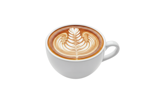 Delicious cappuccino with latte art in a white cup on black background perfect for coffee lovers and cafes advertisement promotion offering morning delight and caffeine fix