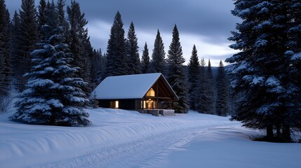 Snowy winter landscape with pine trees and warm cabin lights