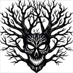 A striking tribal tattoo design featuring a skull with intricate wings and a menacing, gothic rock feel