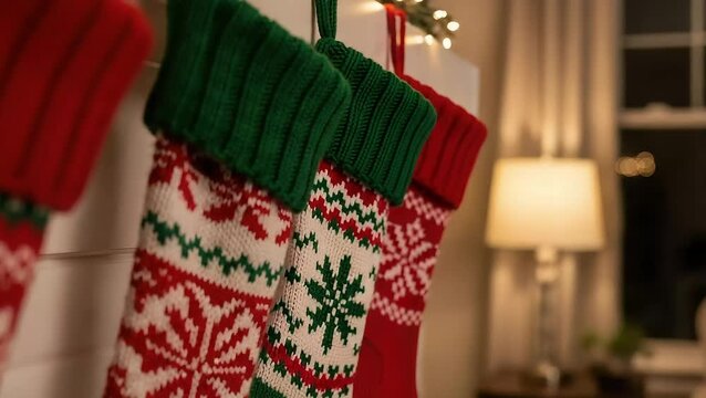 Cozy Christmas Eve Scene: Four Festive Stockings Hanging on a Mantle with Warm Lights, Holiday Decorations and Room Ambience