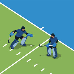 Fototapeta premium Two hockey players on a green field, one in goalie gear, preparing to play.