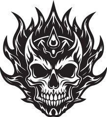 An evil vector tattoo illustration of a flaming skull with dragon wings and a tribal design