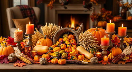 Thanksgiving Harvest Table with Pumpkins and Corn