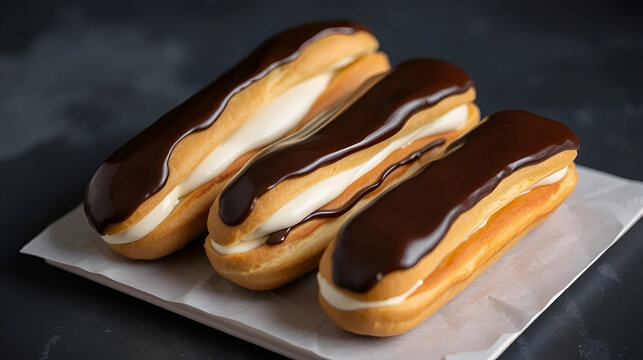 Delicious eclairs filled with cream and glazed with dark chocolate offer a sweet tempting indulgence