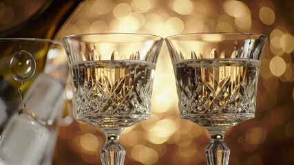 Elegant Crystal Champagne Glasses Filled with Sparkling Wine on a Golden Bokeh Background Celebrate New Year's Eve, Weddings or Anniversaries with Luxury and Festive Toasting