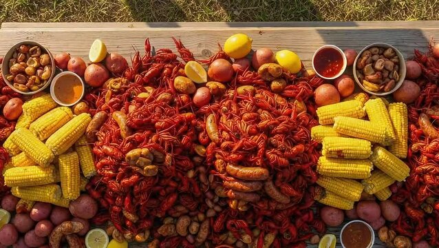 Overhead Shot of Crawfish Boil on Wooden Table with Corn, Potatoes, Sausage, Lemons, and Dipping Sauce for a Party, Seafood Feast