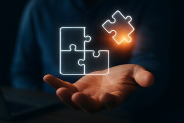 Hand holding glowing puzzle pieces symbolizing connection and problem solving