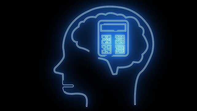 human brain head icon and calculator icon with neon effect
