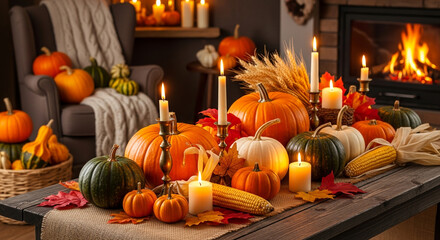 Thanksgiving Harvest Table with Pumpkins and Corn