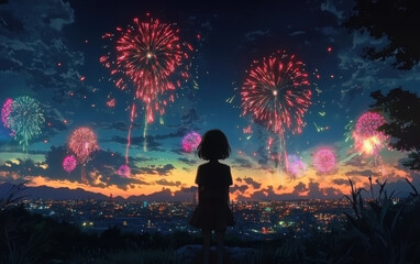 Young girl watches colorful fireworks display light up the night sky