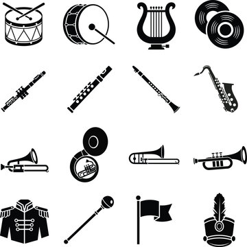 A collection of black and white vector icons depicting various musical instruments and marching band related items.